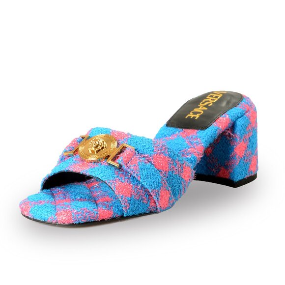 Versace Women's Lurex Check Gold Medusa Heeled Sandals Mules Shoes US 7 IT 37